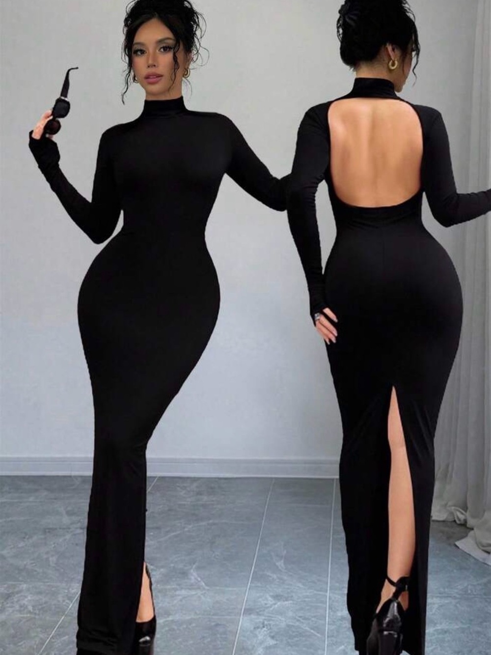 Black Long Sleeve Backless Evening Dress